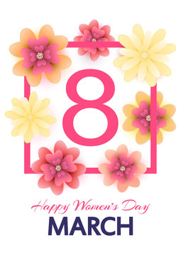 8 March. Mothers, Women's day greeting card with blooming red, y