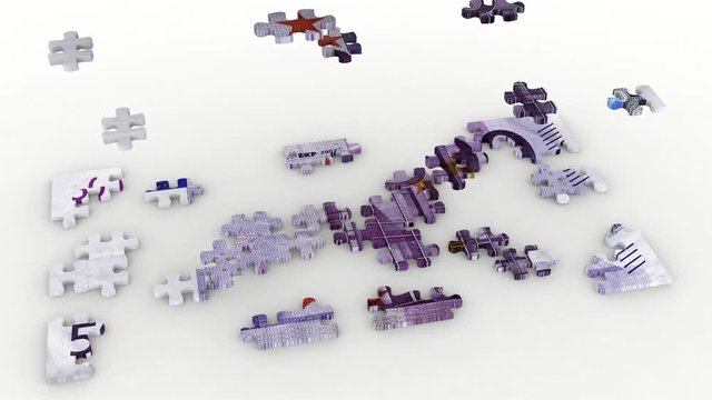 Animazione illustrazione 3D. Creazione puzzle e mazzetta  cinquecento  euro su sfondo bianco..