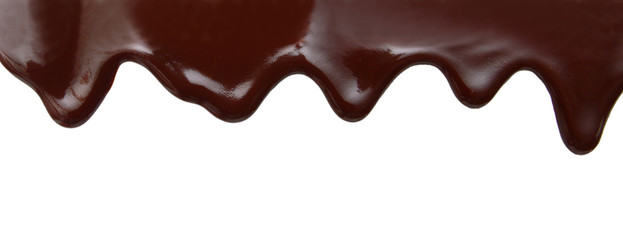 Close up of chocolate syrup leaking on white background