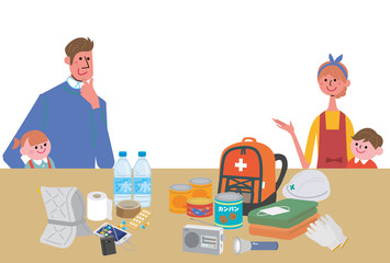 防災グッズを点検する親子　イラスト