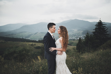 Young newly wed couple, bride and groom kissing, hugging on perfect view of mountains, blue sky