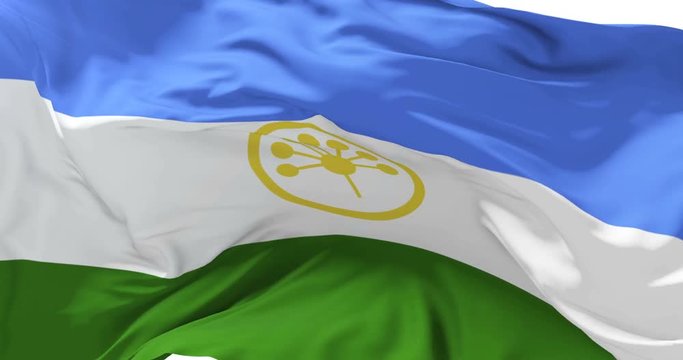 Bashkortostan flag waving at wind in slow with blue sky, loop