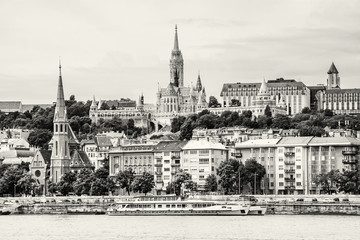 Matthias church, Fishermans bastion, Calvinist church and Danube river, colorless