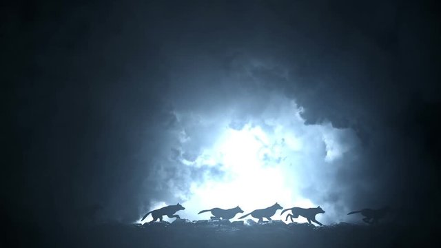 Pack of Wolves Running Through an Epic Lightning Storm