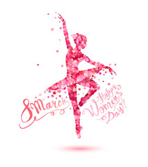 8 march. Happy Women's Day! Dancing woman of rose petals