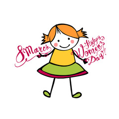 8 march. Happy Women's Day! Girl in the children's style