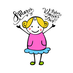 8 march. Happy Women's Day! Girl in children's style