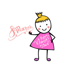 8 march. Happy Women's Day! Girl in children's style