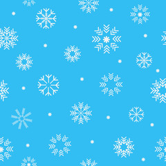 Christmas seamless pattern with white snowflakes on light blue background. Vector