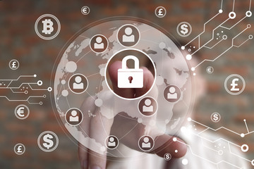 Businessman pushing button lock map security virtual network currency