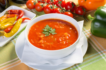 Close up of healthy vegetable soup with ingredients