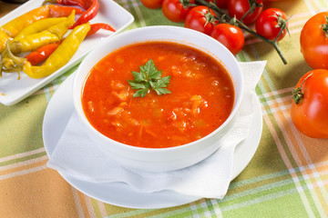 Close up of healthy vegetable soup with ingredients