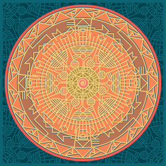 The wheel of the modern world, symbol. The circle is inscribed in a square decorated with geometric figures and lines.