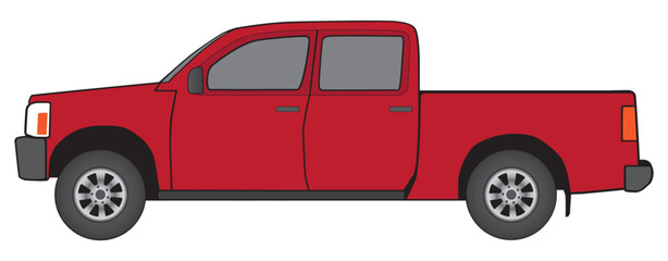 Side view of generic red pickup with oversized cab to accommodate passenger comfort