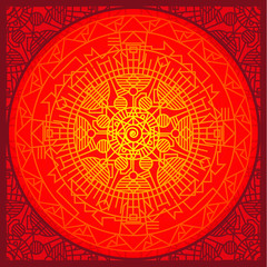 The wheel of the modern world, symbol. The circle is inscribed in a square decorated with geometric figures and lines.