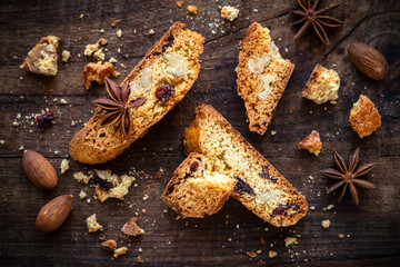 Homemade Italian cantuccini or cantucci biscuits. Overhead view