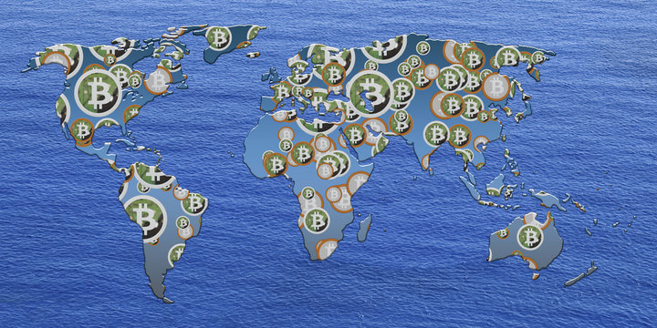 Mundo bitcoin.
Mapa ficticio de la implementaci&oacute;n de la moneda virtual.
