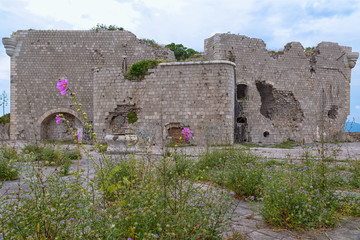 Festung und Burgruine Prevlaka in Kroatien mit Einschüssen und Blumen