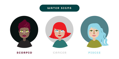 Female astrology colorful vector icons, water elements set