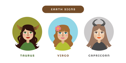 Female astrology colorful vector icons, earth elements set