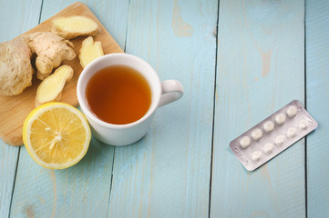 Drug for cold, tea with lemon and ginger, top view