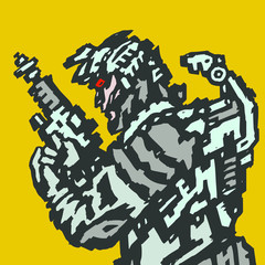 Spaceman in helmet with blaster in hands. Vector illustration.