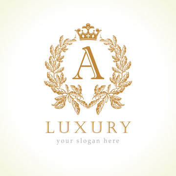Luxury A letter and crown monogram logo. Laurel elegant beautiful round identity with crown and wreath. Vector letter emblem A for Antique, Restaurant, Boutique, Hotel, Heraldic, Jewelry