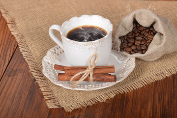 hot black coffee in a retro cup with vanilla