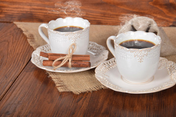 hot black coffee in a retro cup with vanilla
