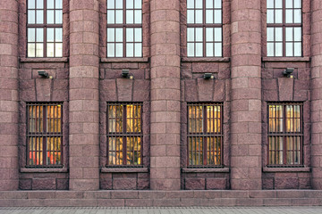 Facade made of red granite.