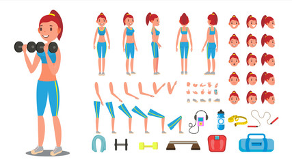 Fototapeta premium Fitness Girl Vector. Animated Sport Female Character Creation Set. Full Length, Front, Side, Back View, Accessories, Poses, Face Emotions, Gestures. Isolated Flat Cartoon Illustration