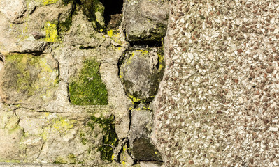 Brick old vintage grunge wall with cracks close-up texture background