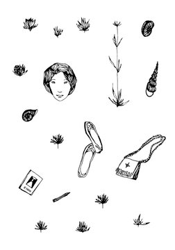 Black hand drawn set. Vector doodle illustration with flowers, seashells, notebook, handbag, shoes and a girl's face. Isolated elements for design on white background.