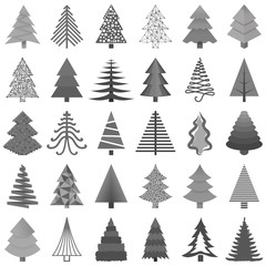 Set of black and white Christmas trees painted in different styles isolated on white background. Vector illustration.