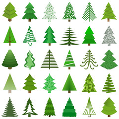 Set of Christmas trees painted in different styles isolated on white background. Vector illustration.
