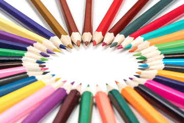 Set of pencils lined in a circle, side view, isolated on a white background
