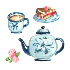 Blue sandwich cake on the higt dish, cup  of coffe, slice cake and croissant