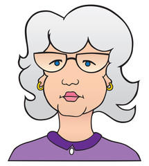 Mature cartoon lady with gray hair is staring into the distance