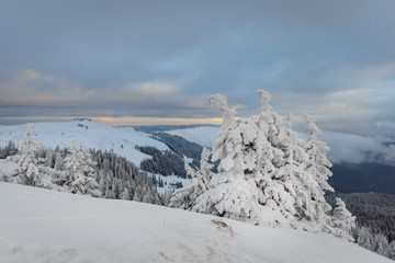 Beautiful view of Rarau Mountains covered with snow during winter