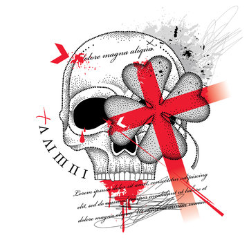 Vector drawing dotted skull, abstract cross and lucky four leaf clover in red and black isolated on white background. Sketch for tattoo flash in Trash Polka and dotwork. Creative Trash Polka design.