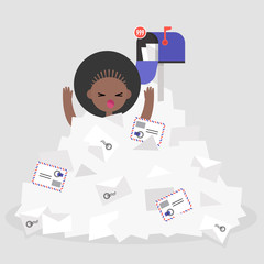 Troubles at work. Young female black character drowning in a pile of unread mails. Communication problems. Flat editable vector illustration, clip art