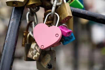Padlocks on the well in the center of Zilina city. Slovakia