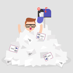 Troubles at work. Young character drowning in a pile of unread mails. Communication problems. Flat editable vector illustration, clip art