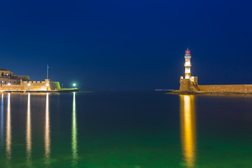 Lighthouse of the old Venetian port in Chania, Crete. Greece