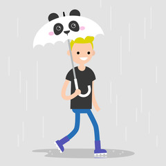 Young character walking under an umbrella with a panda muzzle. Spring showers. Flat editable vector illustration, clip art
