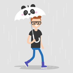 Young character walking under an umbrella with a panda muzzle. Spring showers. Flat editable vector illustration, clip art