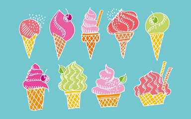 Hand drawn doodle set of assorted ice cream types. Waffle cone, cup ice cream, popsicle, sundae. Sketch style vector illustration for cafe menu, card, birthday card decoration.
