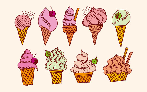 Hand drawn doodle set of assorted ice cream types. Waffle cone, cup ice cream, popsicle, sundae. Sketch style vector illustration for cafe menu, card, birthday card decoration.