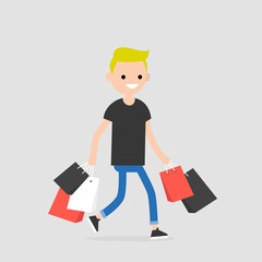 Young trendy character walking with the shopping bags / flat editable vector illustration