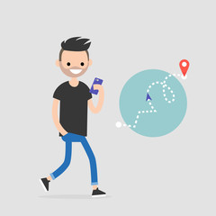 Young character using an electronic map to navigate in the city